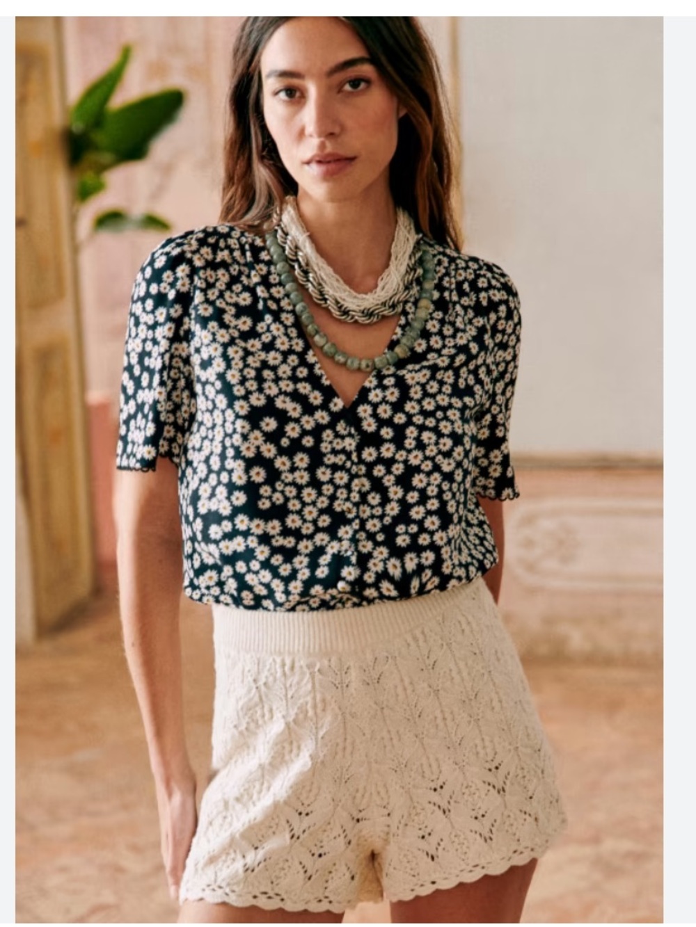Sezane black Daisy-rPrint V-Neck Short Sleeve Blouse